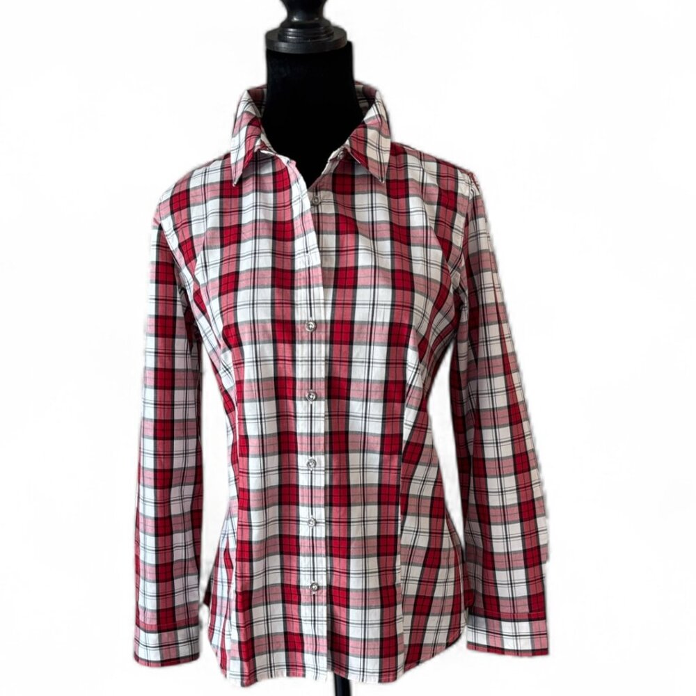 Talbots Red, White, Black Plaid Shirt Size 8P - Picture 2 of 13